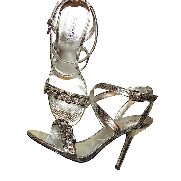 Michael Kors Asha Embellished Snake Embossed Leather Stiletto Heel Sandals Sz 7 - Picture 1 of 13